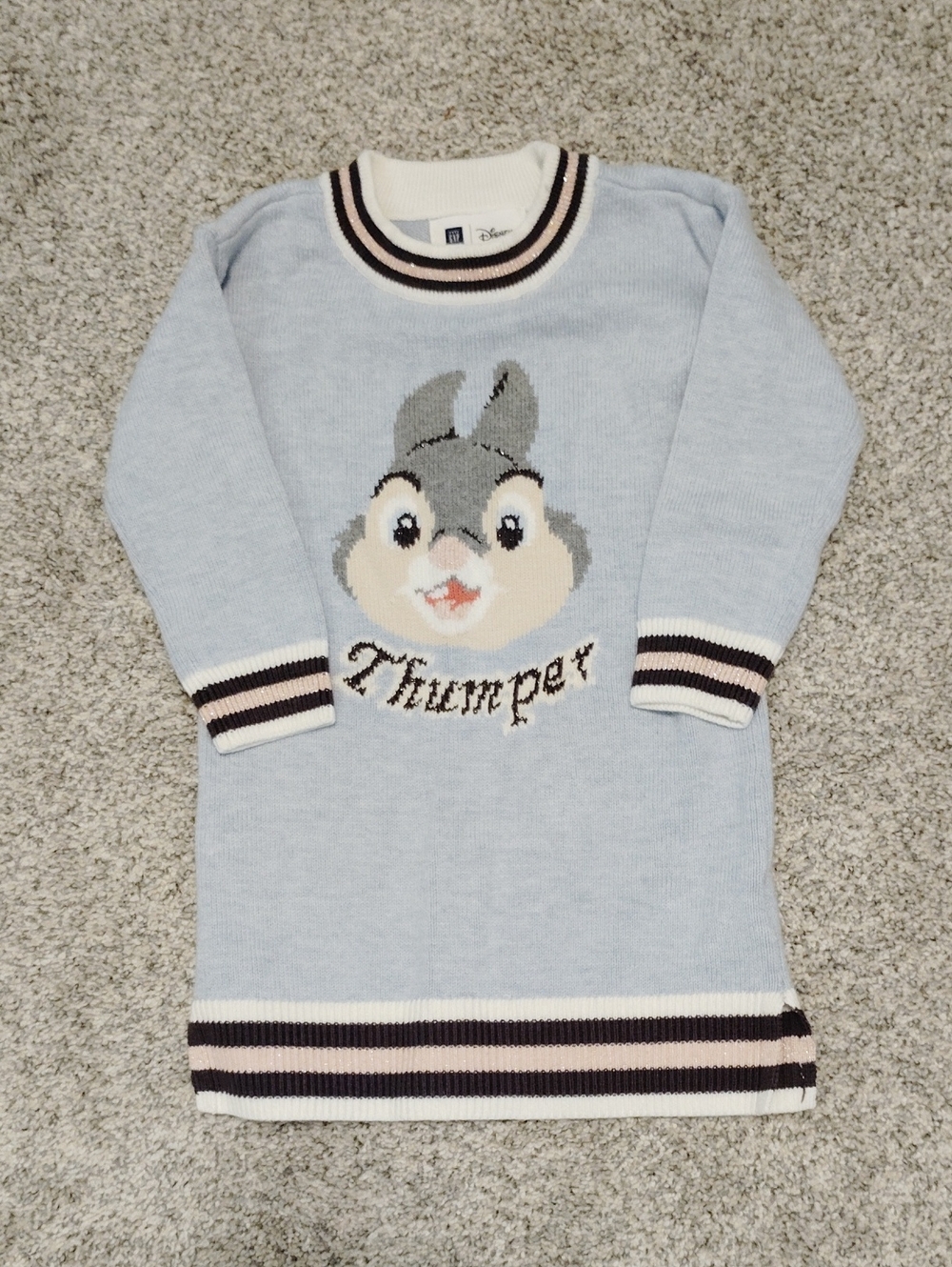 Disney Light Blue Thumper Knit Sweater Dress with Cream & Brown Trim